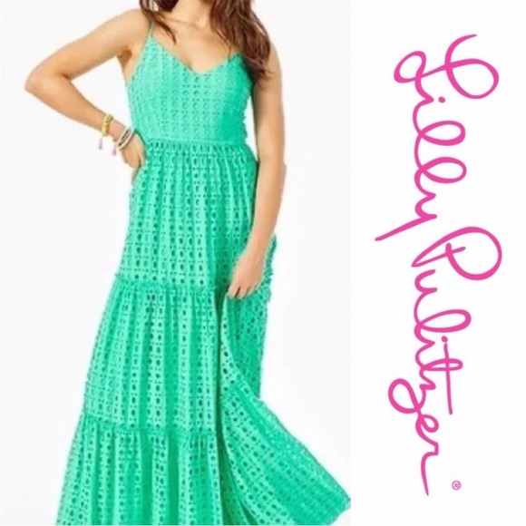 Lilly Pulitzer Green Tiered Maxi Dress for Resort Wear - Picture 1 of 5